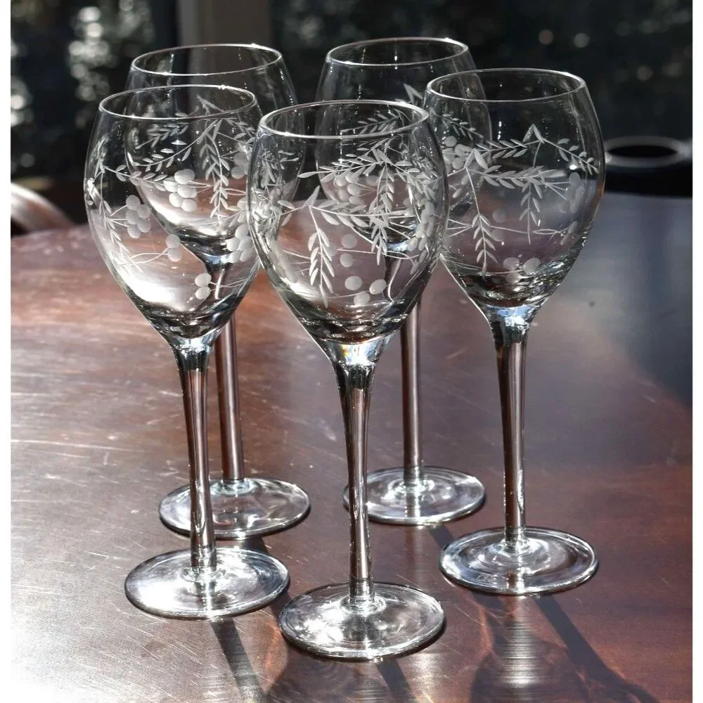 Set of 5 Vintage Etched Grape Wine Stem Glasses – Elegant Drinkware Design
